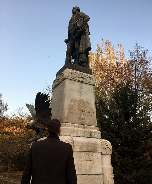 Looking at George Washington's statue in Budapest's City Park.