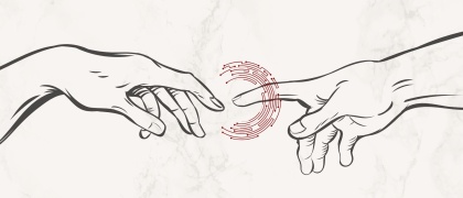 A graphic of two hands almost touching, with technology symbols emanating from one hand.