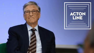Bill Gates alongside the Acton Line Podcast logo