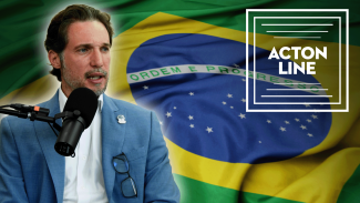 Screenshot of Paulo Ghedini with a Brazilian flag in the background and the Acton Line logo