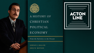 Matson speaking, the cover of his book, and the Acton Line logo