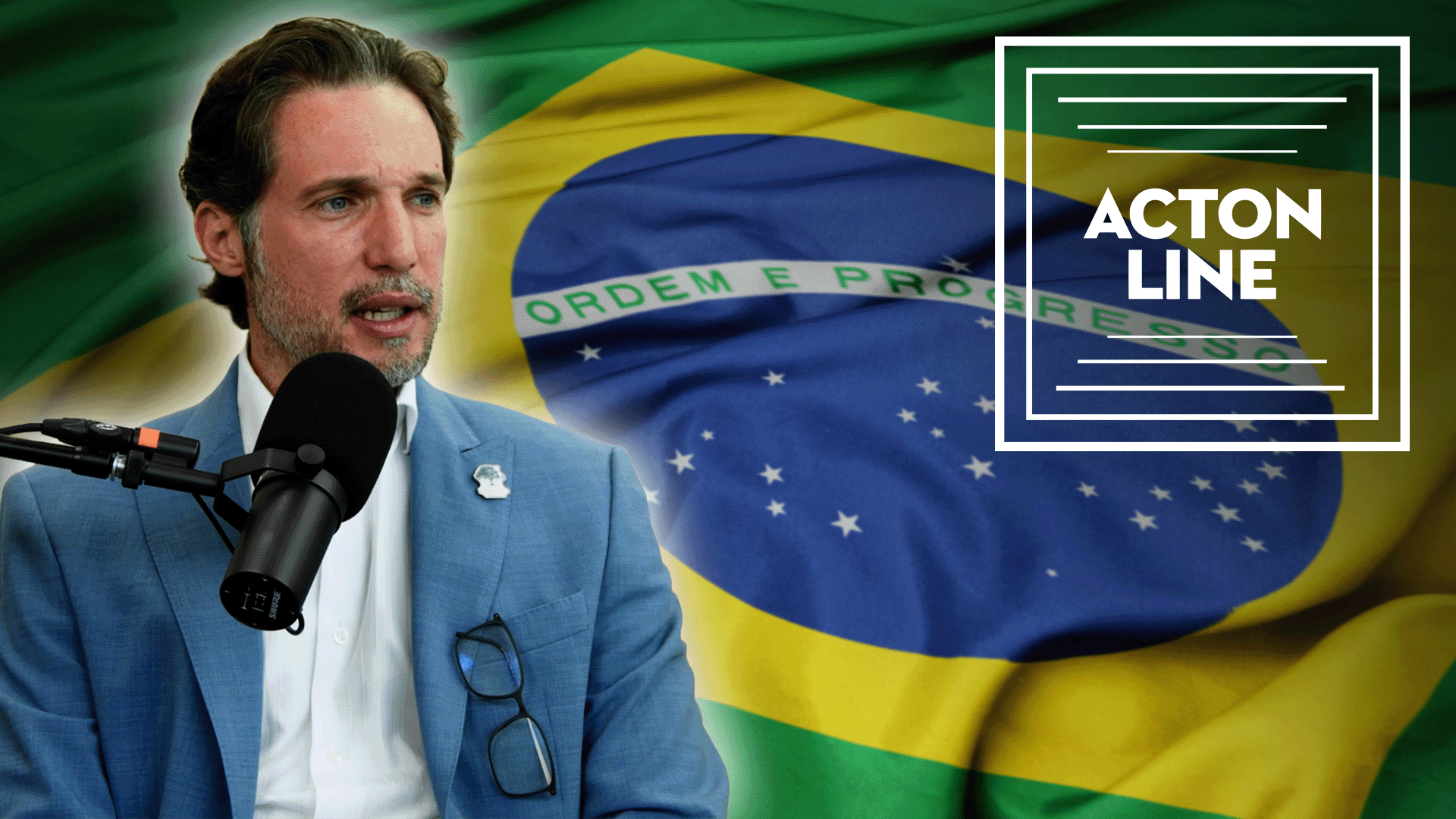 Screenshot of Paulo Ghedini with a Brazilian flag in the background and the Acton Line logo