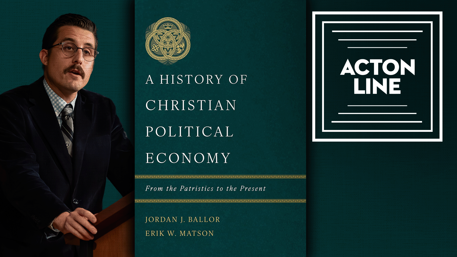 Matson speaking, the cover of his book, and the Acton Line logo